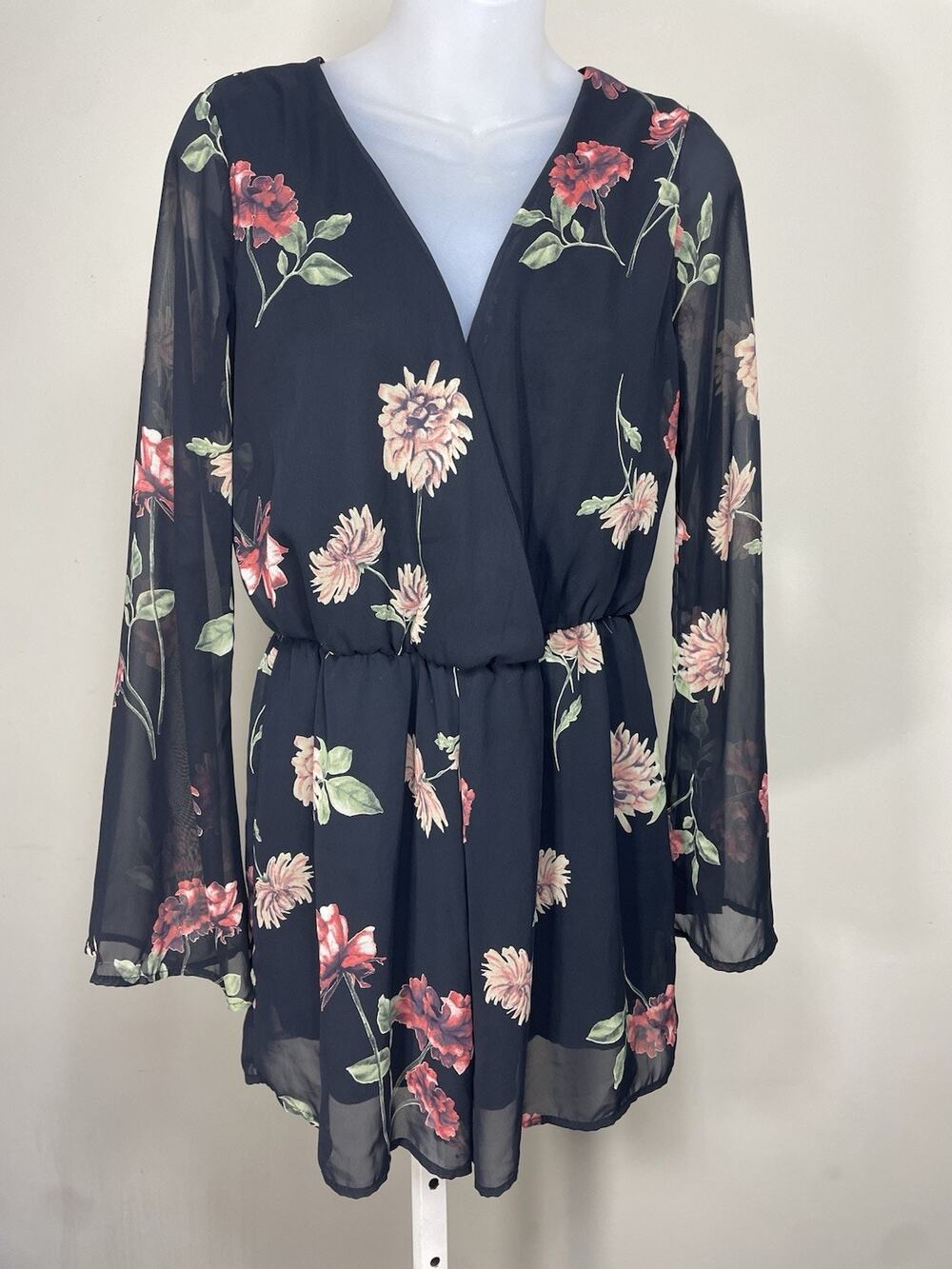Millibon Floral RomperWomen's M Flare Long Sleeves USA Retro Boho Cottage Core